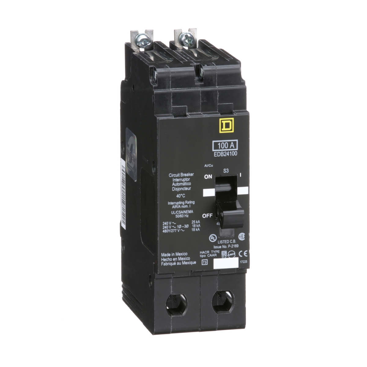 EDB24100 Mini circuit breaker, E-Frame, 100A, 2 pole, 480Y/277VAC, 25kA max, bolt o