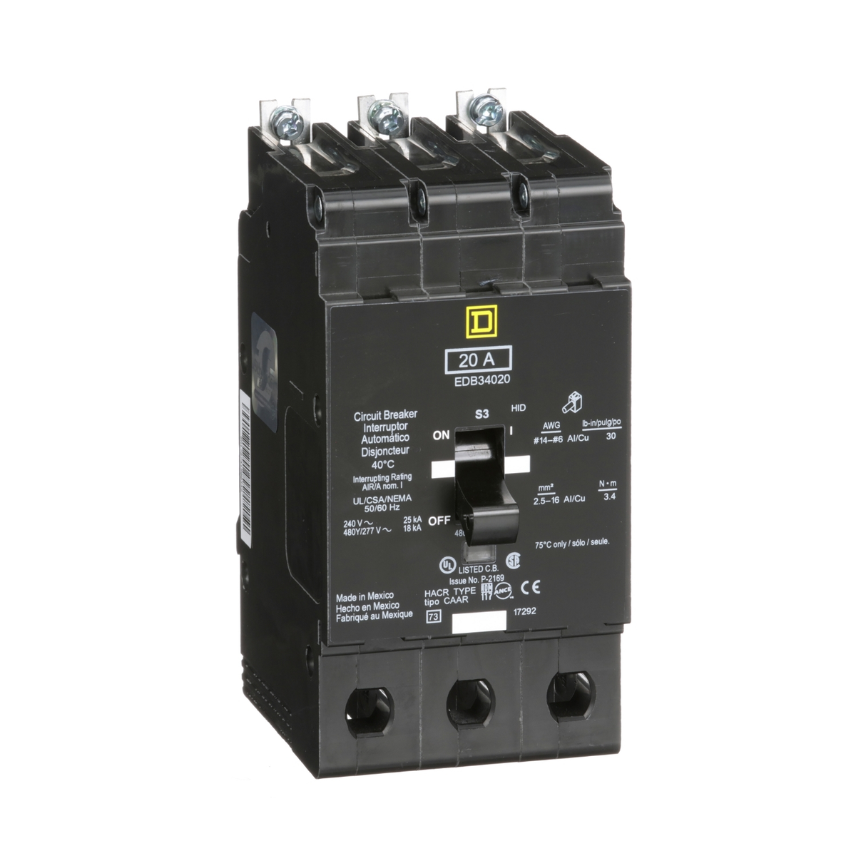 EDB34020 Mini circuit breaker, E-Frame, 20A, 3 pole, 480Y/277VAC, 25kA max, bolt on