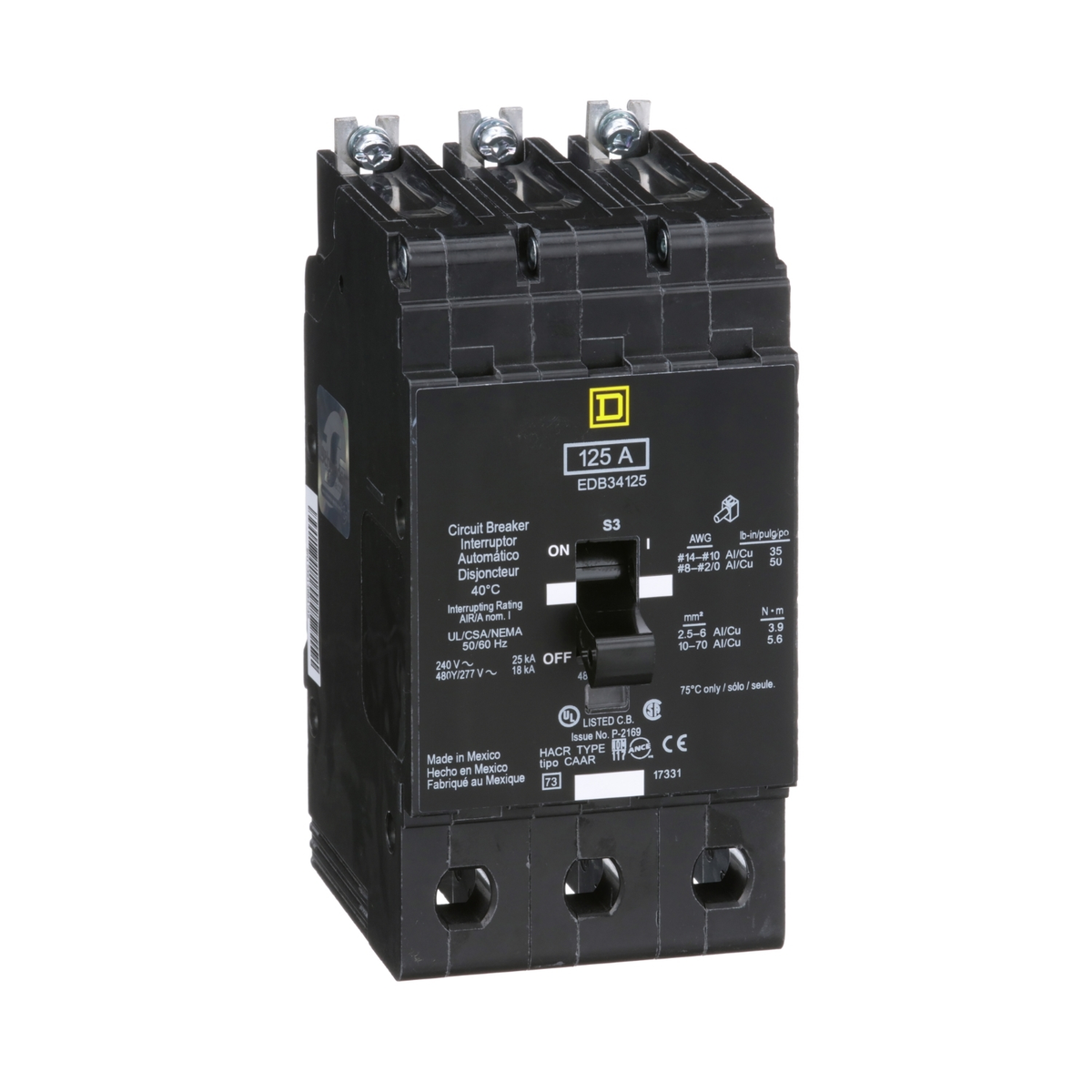 EDB34125 Mini circuit breaker, E-Frame, 125A, 3 pole, 480Y/277VAC, 25kA max, bolt on