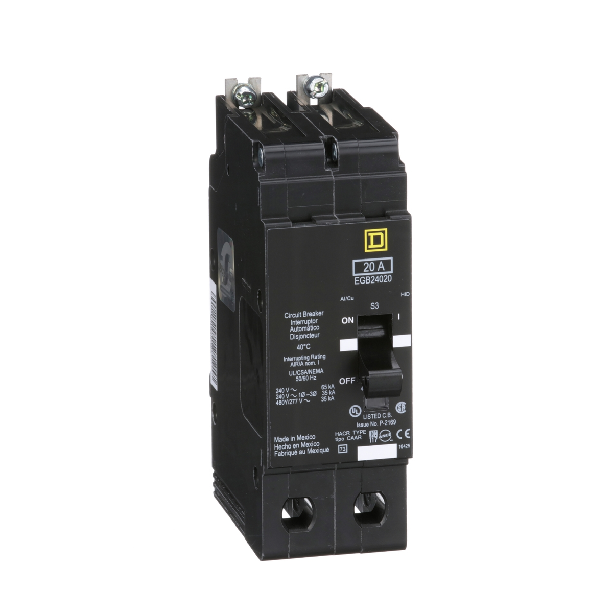 EGB24020 Mini circuit breaker, E-Frame, 20A, 2 pole, 480Y/277VAC, 65kA max, bolt on