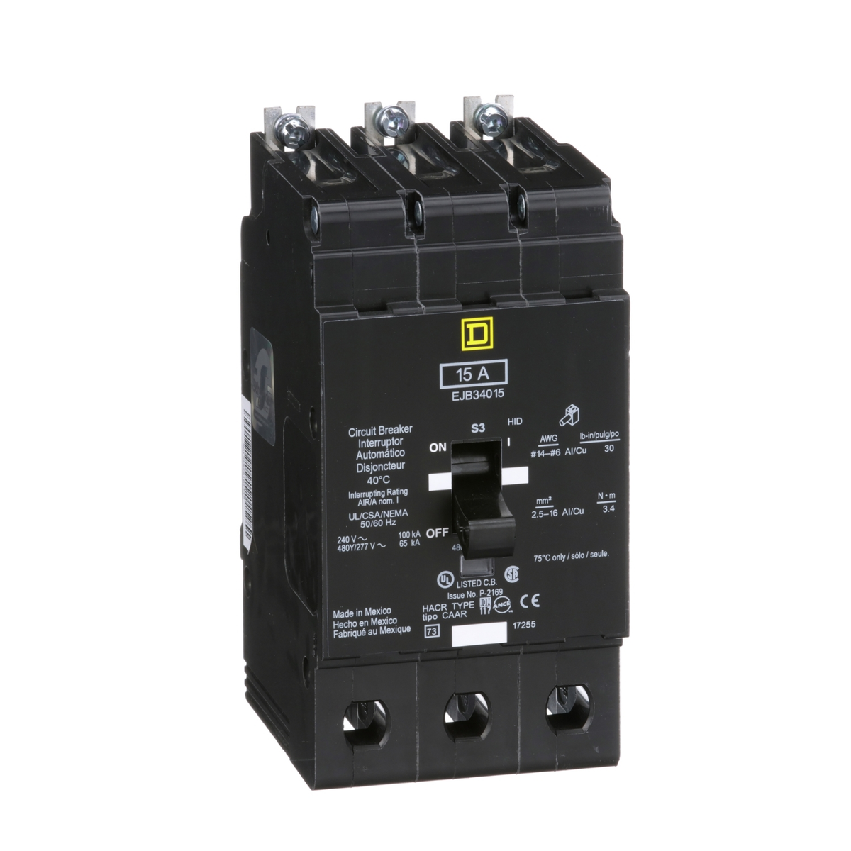 EJB34015 Mini circuit breaker, E-Frame, 15A, 3 pole, 480Y/277VAC, 100kA max, bolt on