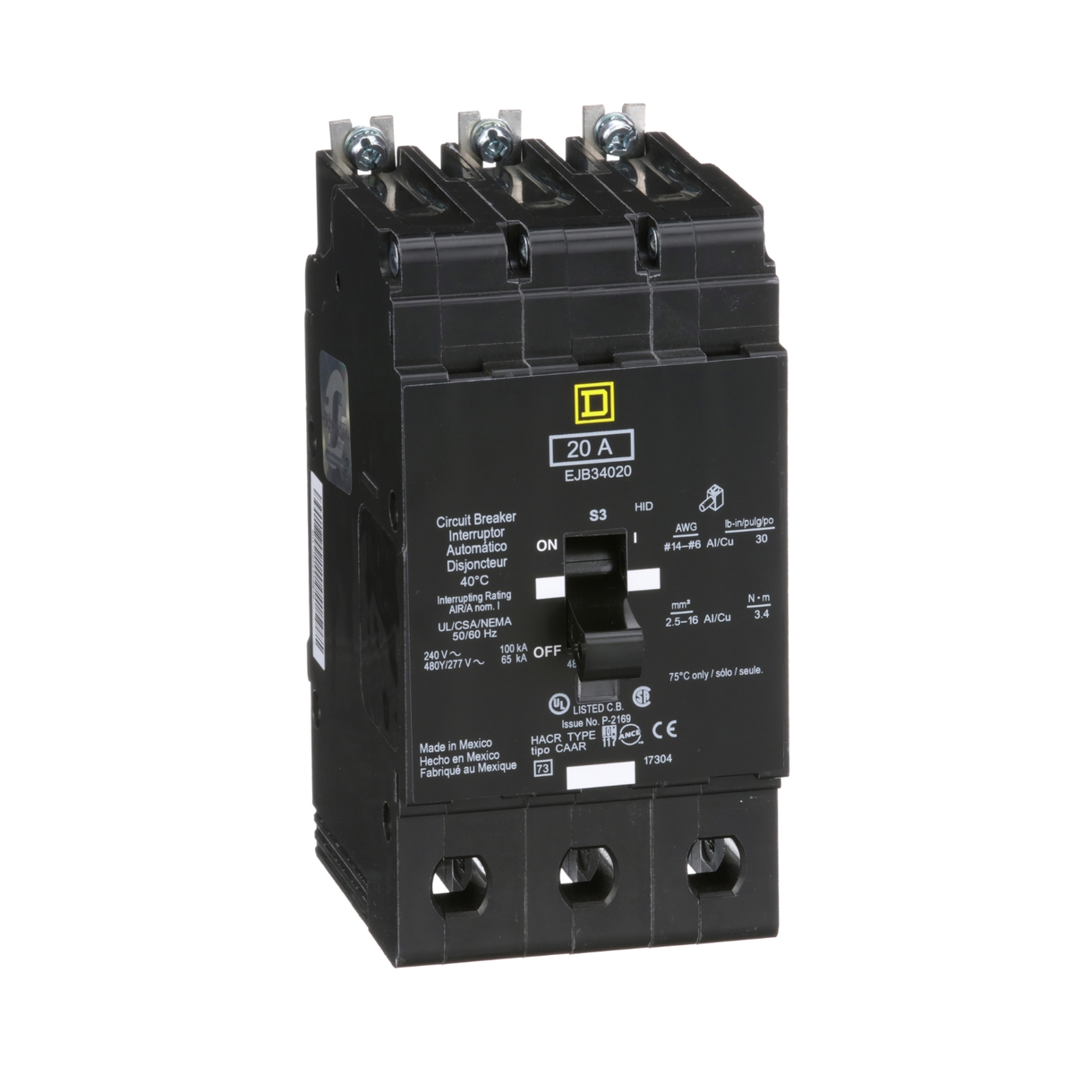 EJB34020 Mini circuit breaker, E-Frame, 20A, 3 pole, 480Y/277VAC, 100kA max, bolt on