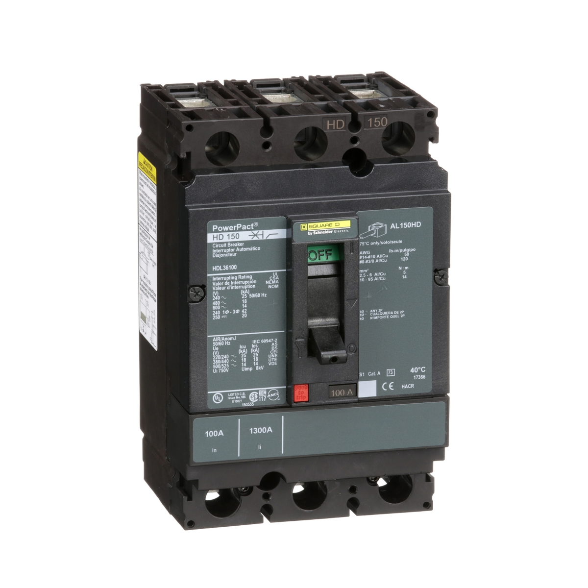 HDL36100 Circuit breaker, PowerPacT H, 100A, 3 pole, 600VAC, 14kA, lugs, thermal magnetic, 80%