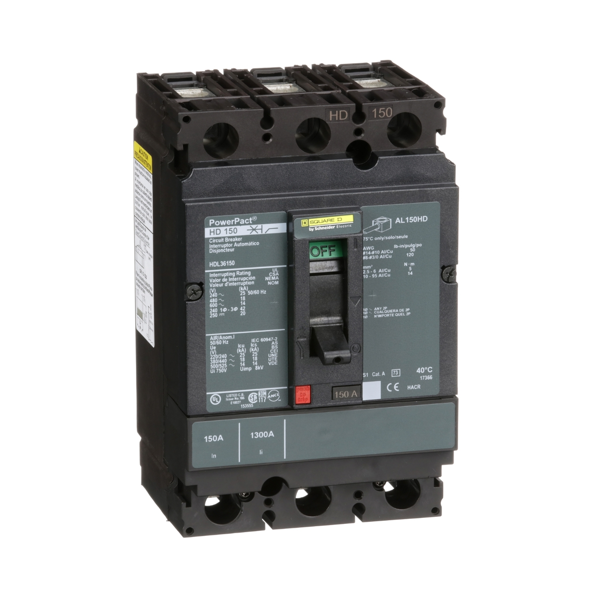 HDL36150 Circuit breaker, PowerPacT H, 150A, 3 pole, 600VAC, 14kA, lugs, thermal magnetic, 80%