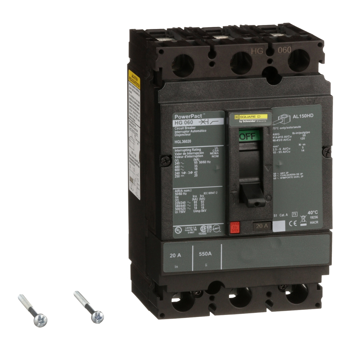 HGL36020 Circuit breaker, PowerPacT H, 20A, 3 pole, 600VAC, 18kA, lugs, thermal magnetic, 80%