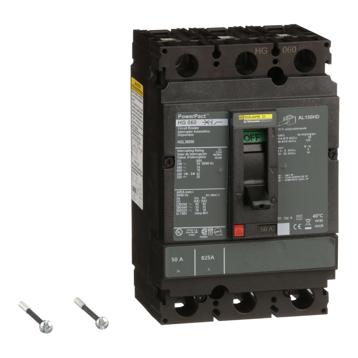 HGL36050 Circuit breaker, PowerPacT H, 50A, 3 pole, 600VAC, 18kA, lugs, thermal magnetic, 80%