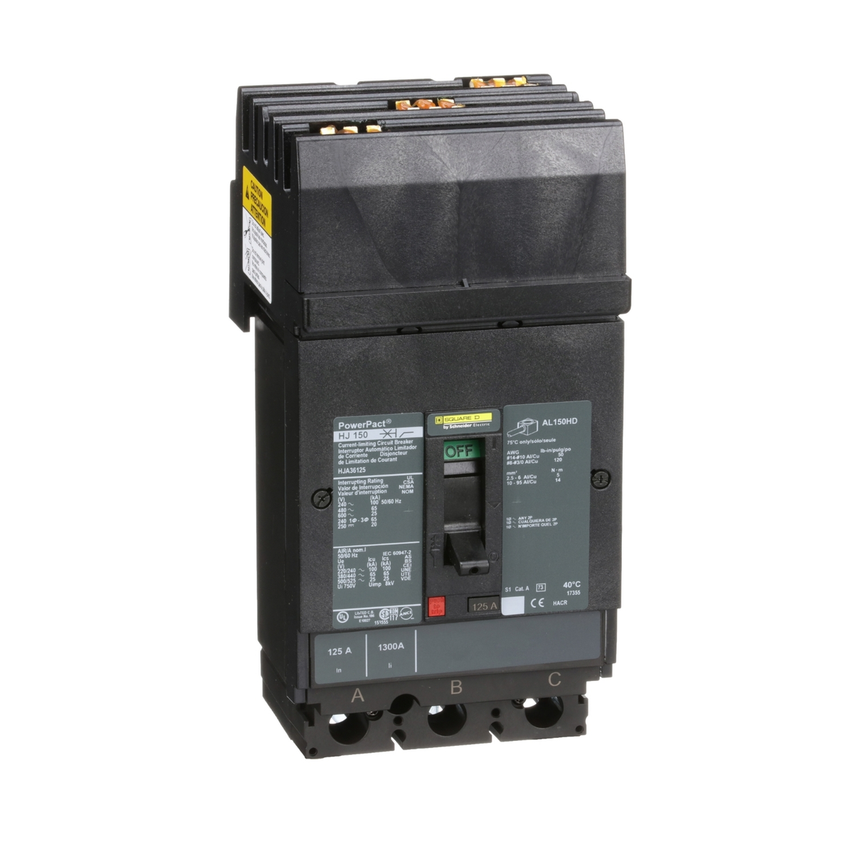 HJA36125 Circuit breaker, PowerPacT H, 125A, 3 pole, 600VAC, 25kA, I-Line, thermal magnetic, 80%, ABC