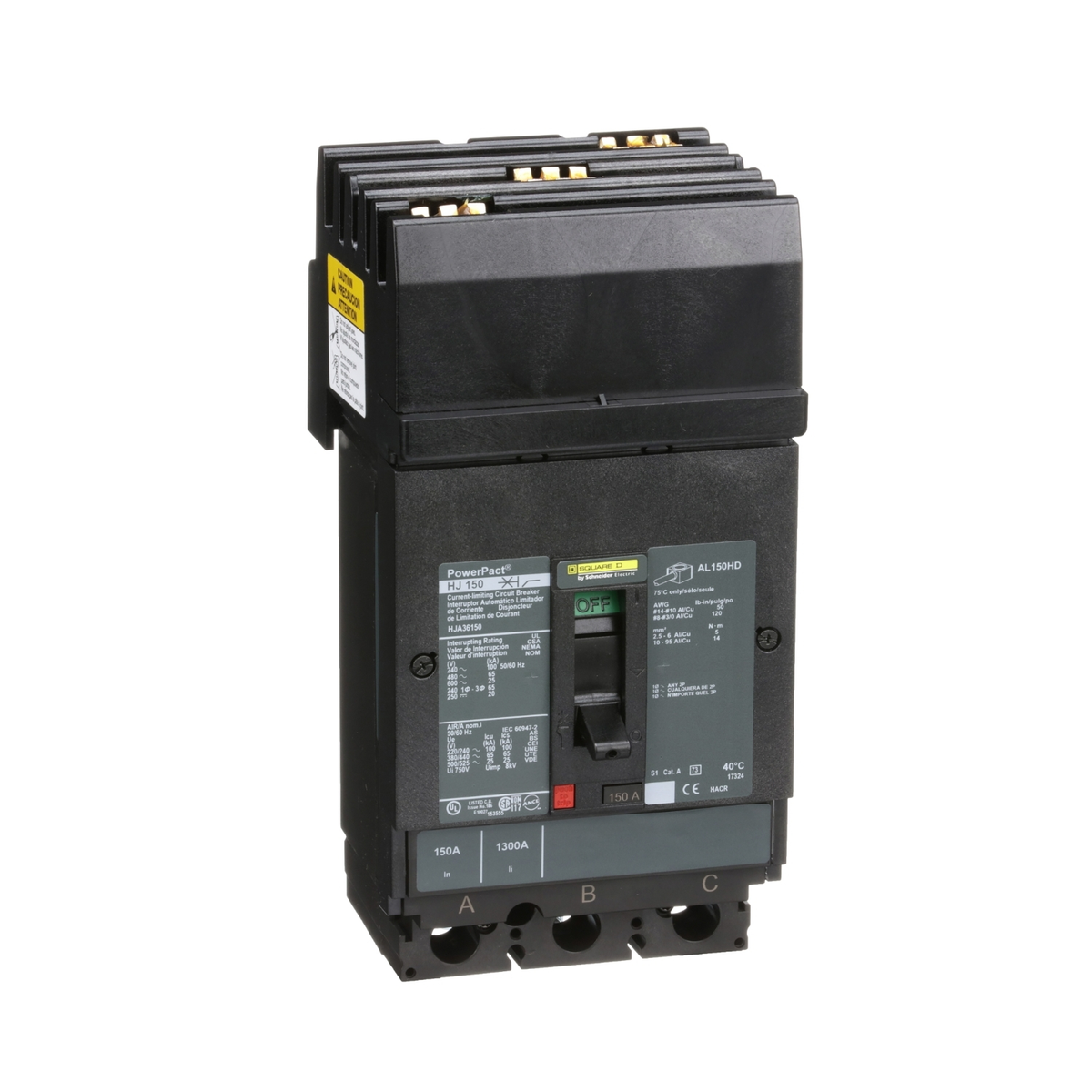 HJA36150 Circuit breaker, PowerPacT H, 150A, 3 pole, 600VAC, 25kA, I-Line, thermal magnetic, 80%, ABC