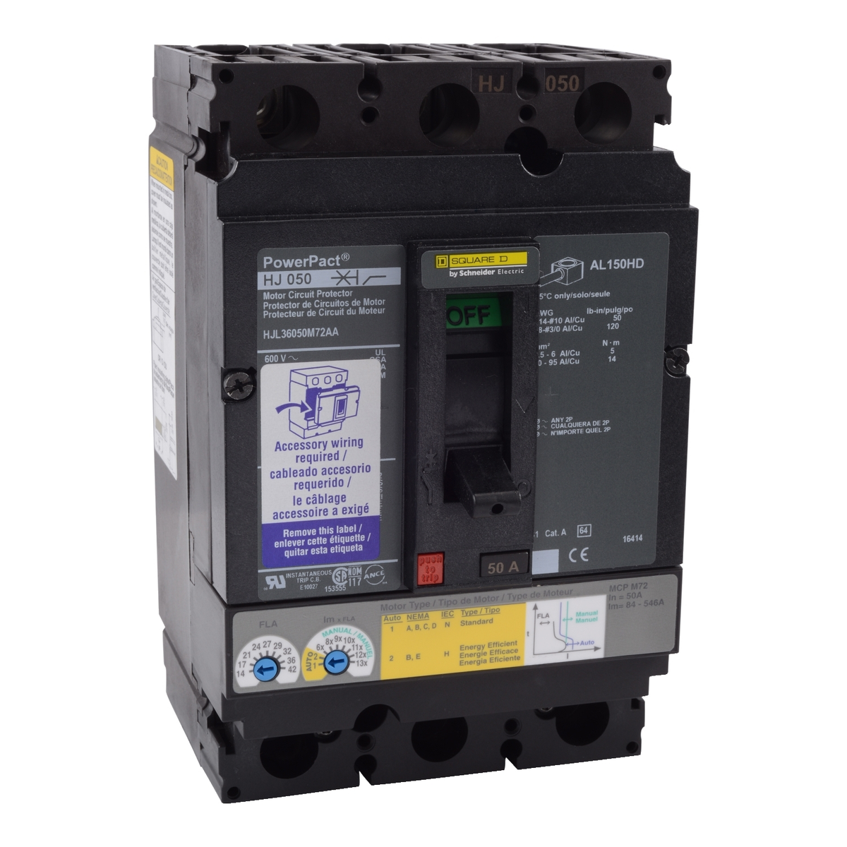 HJL36050M72BC Motor circuit protector, PowerPacT H, 50A, 3 pole, 600VAC, 25kA, lugs, thermal magnetic, 80%, alarm switch