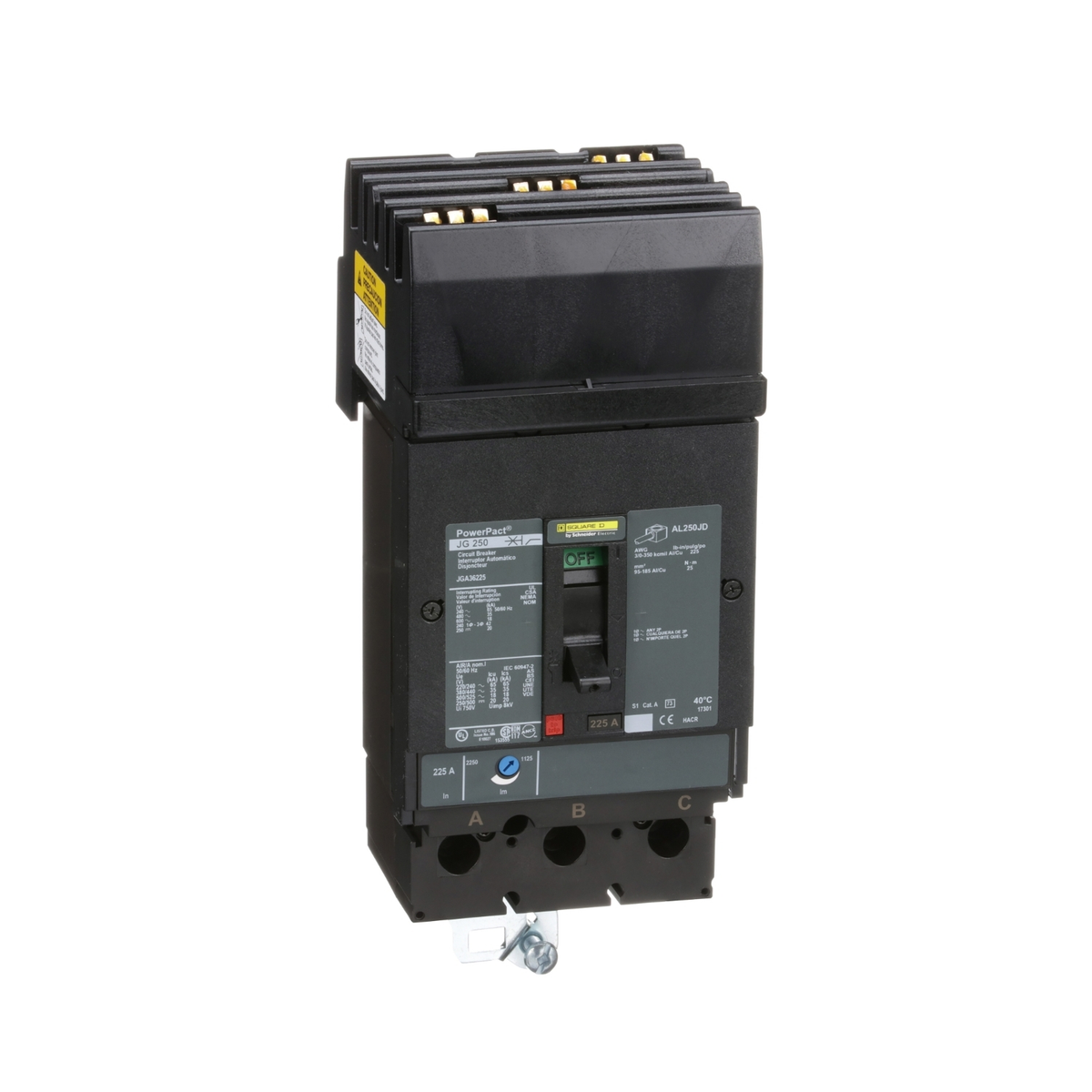 JGA36225 Circuit breaker, PowerPacT J, 225A, 3 pole, 600VAC, 18kA, I-Line, thermal magnetic, 80%, ABC
