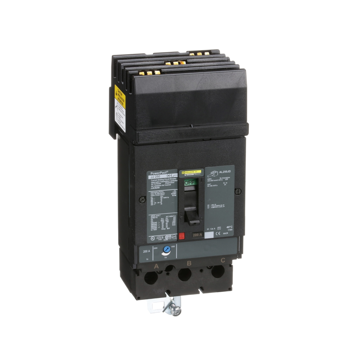 JJA36200 Circuit breaker, PowerPacT J, 200A, 3 pole, 600VAC, 25kA, I-Line, thermal magnetic, 80%, ABC