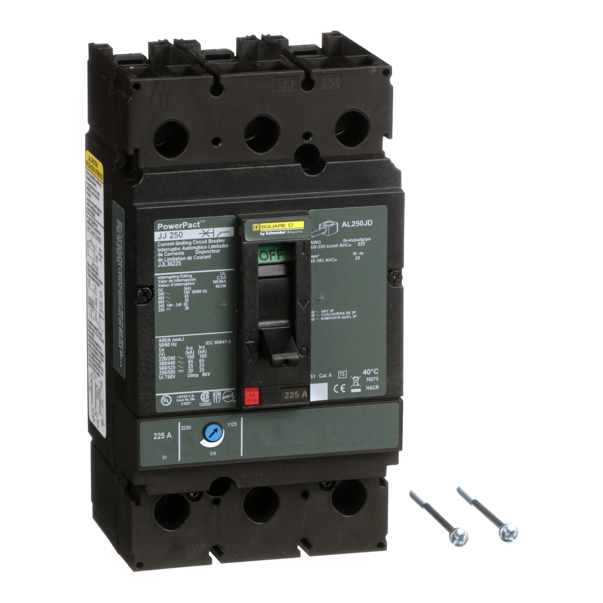 JJL36225 Circuit breaker, PowerPacT J, 225A, 3 pole, 600VAC, 25kA, lugs, thermal magnetic, 80%