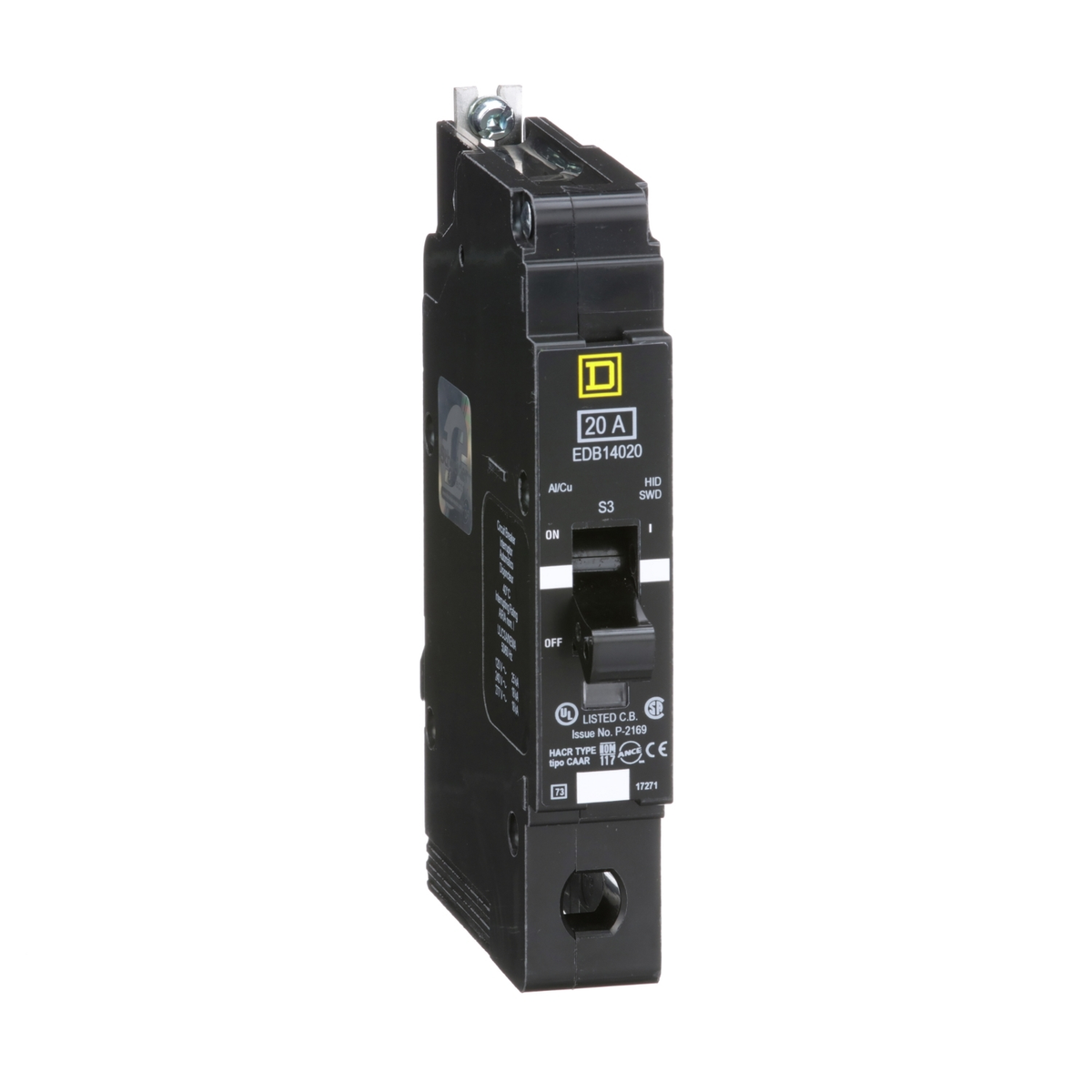 EDB14020 Mini circuit breaker, E-Frame, 20A, 1 pole, 277VAC, 25kA max, bolt on