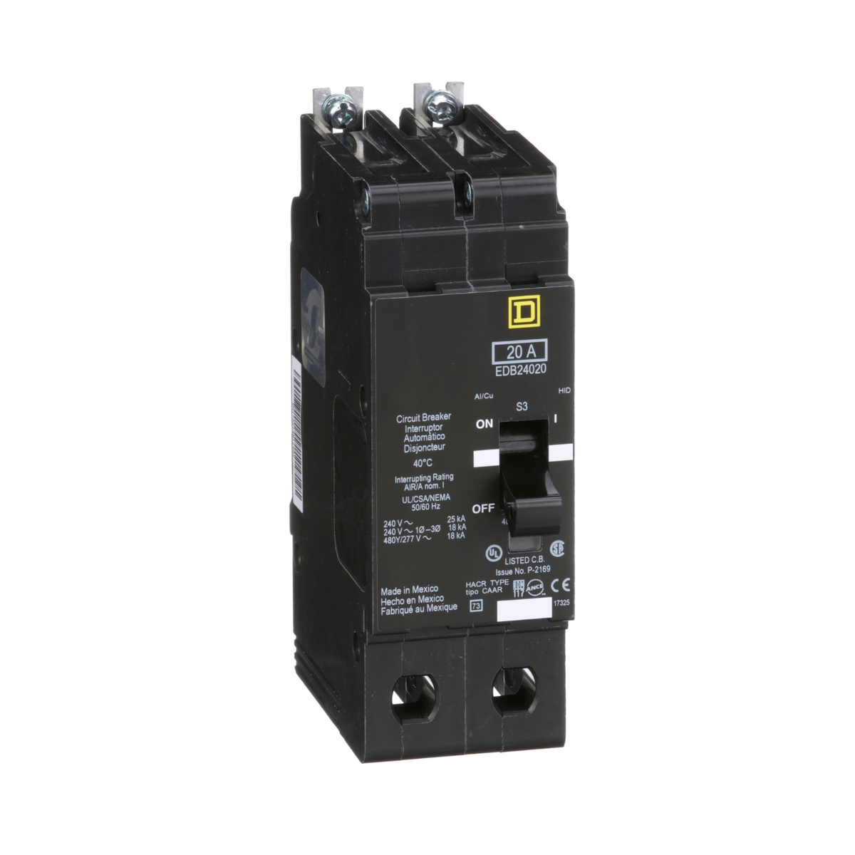 EDB24020 Mini circuit breaker, E-Frame, 20A, 2 pole, 480Y/277VAC, 25kA max, bolt on