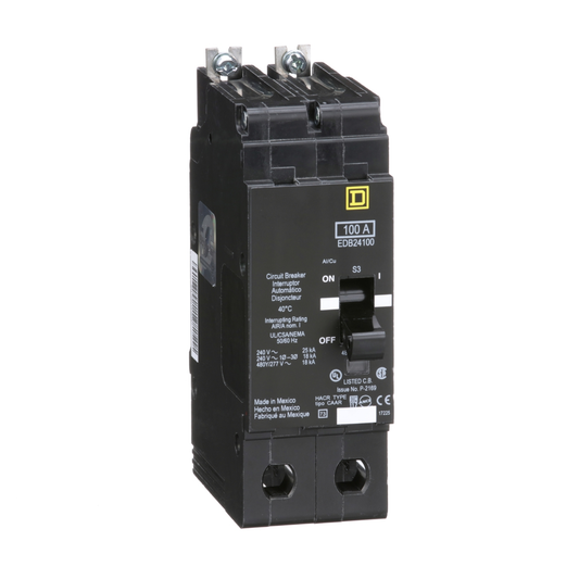 EDB24100 Mini circuit breaker, E-Frame, 100A, 2 pole, 480Y/277VAC, 25kA max, bolt o