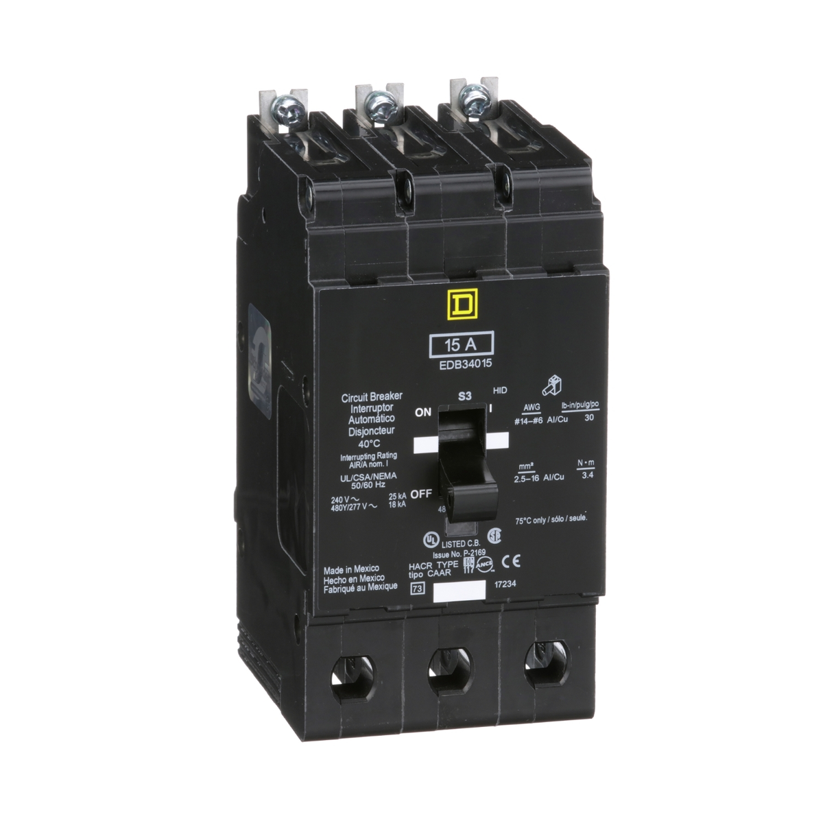 EDB34015 Mini circuit breaker, E-Frame, 15A, 3 pole, 480Y/277VAC, 25kA max, bolt on
