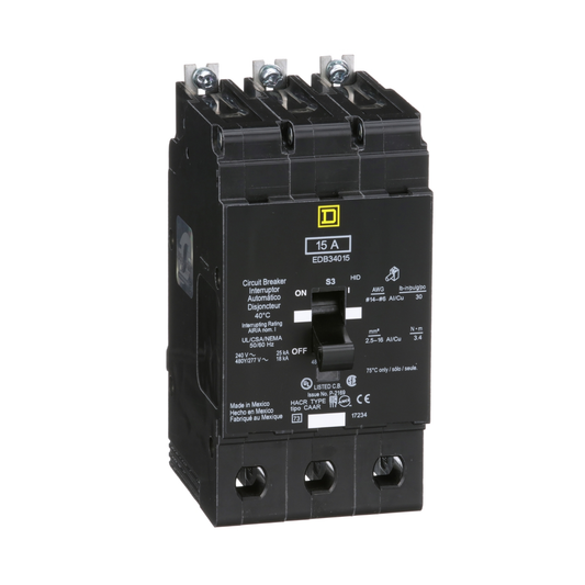 EDB34015 Mini circuit breaker, E-Frame, 15A, 3 pole, 480Y/277VAC, 25kA max, bolt on