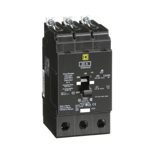EDB34020 Mini circuit breaker, E-Frame, 20A, 3 pole, 480Y/277VAC, 25kA max, bolt on