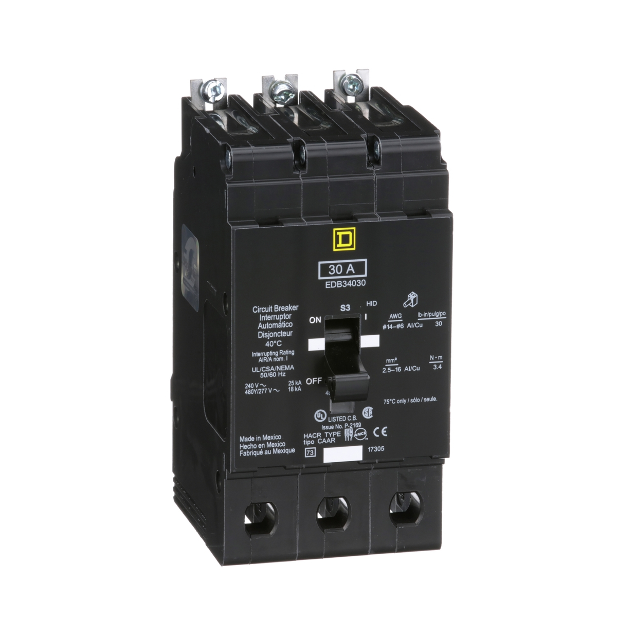 EDB34030 Mini circuit breaker, E-Frame, 30A, 3 pole, 480Y/277VAC, 25kA max, bolt on