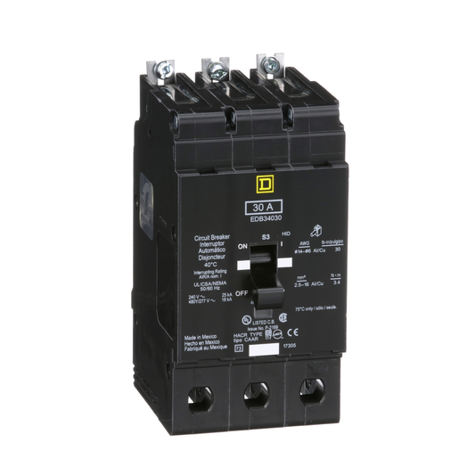 EDB34030 Mini circuit breaker, E-Frame, 30A, 3 pole, 480Y/277VAC, 25kA max, bolt on