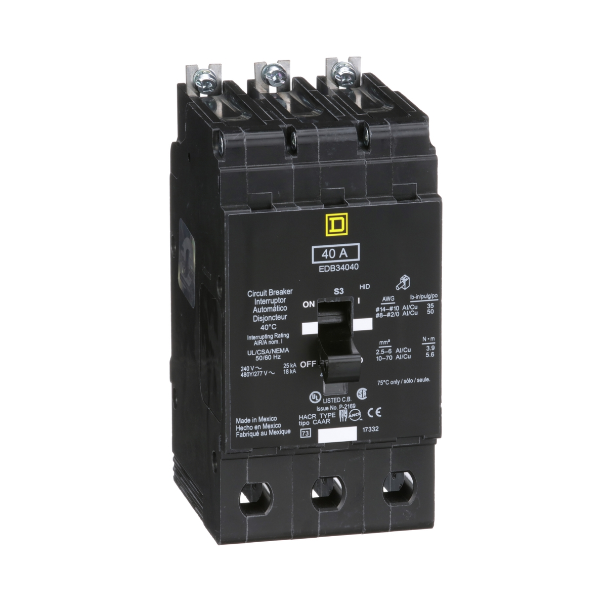 EDB34040 Mini circuit breaker, E-Frame, 40A, 3 pole, 480Y/277VAC, 25kA max, bolt on