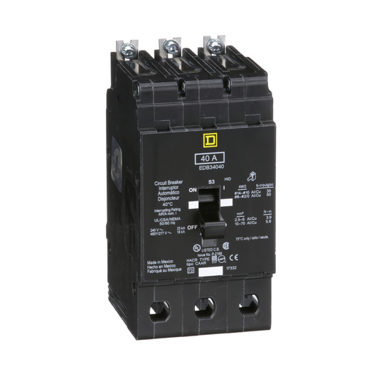 EDB34040 Mini circuit breaker, E-Frame, 40A, 3 pole, 480Y/277VAC, 25kA max, bolt on