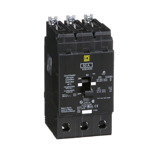EDB34050 Mini circuit breaker, E-Frame, 50A, 3 pole, 480Y/277VAC, 25kA max, bolt on