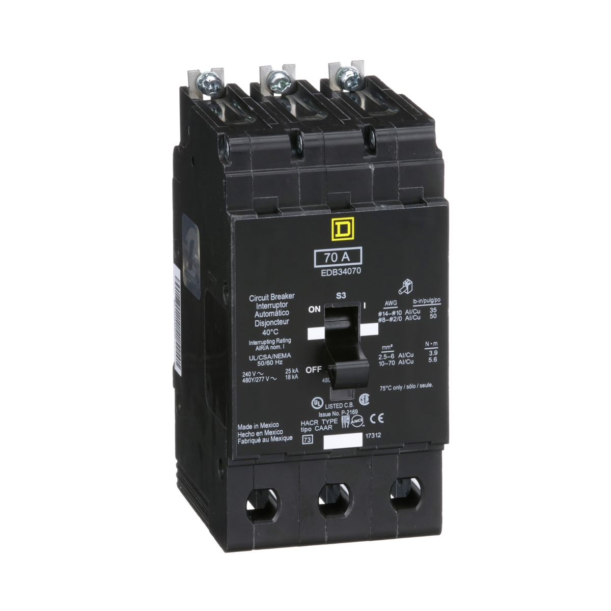 EDB34070 Mini circuit breaker, E-Frame, 70A, 3 pole, 480Y/277VAC, 25kA max, bolt on