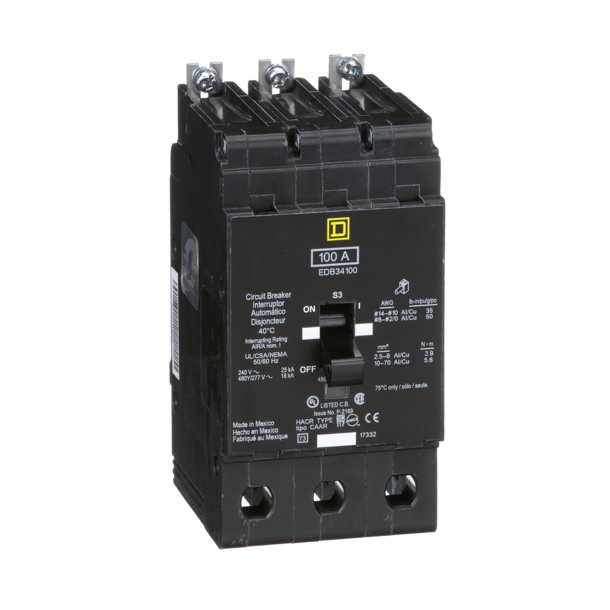 EDB34100 Mini circuit breaker, E-Frame, 100A, 3 pole, 480Y/277VAC, 25kA max, bolt on