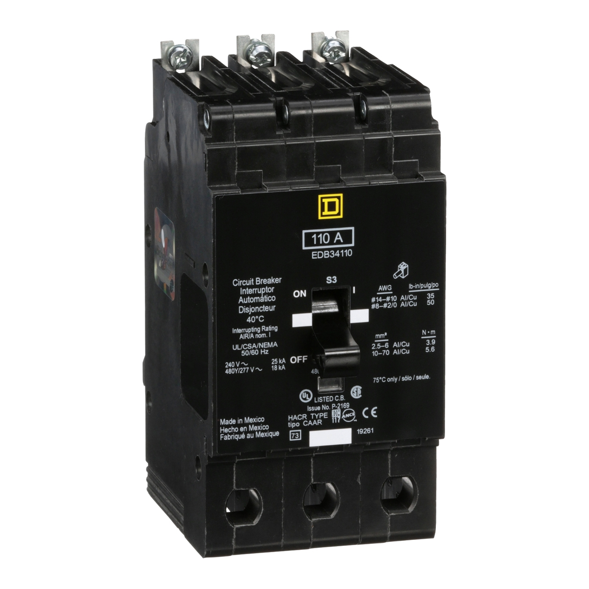 EDB34110 Mini circuit breaker, E-Frame, 110A, 3 pole, 480Y/277VAC, 25kA max, bolt on