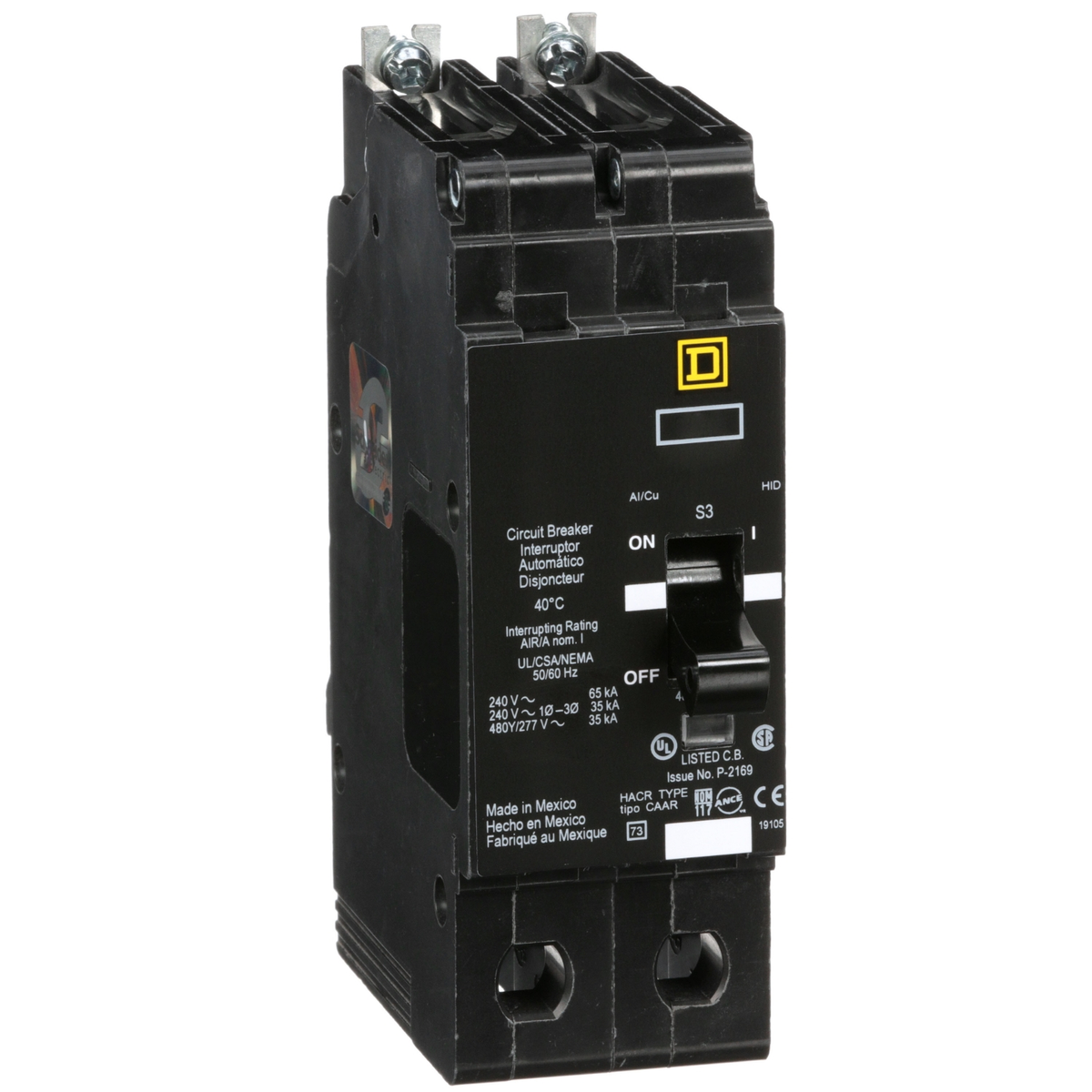 EGB24100 Mini circuit breaker, E-Frame, 100A, 2 pole, 480Y/277VAC, 65kA max, bolt on