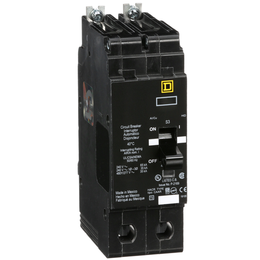 EGB24100 Mini circuit breaker, E-Frame, 100A, 2 pole, 480Y/277VAC, 65kA max, bolt on
