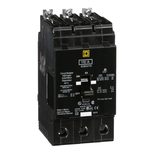 EGB34110 Mini circuit breaker, E-Frame, 110A, 3 pole, 480Y/277VAC, 65kA max, bolt on