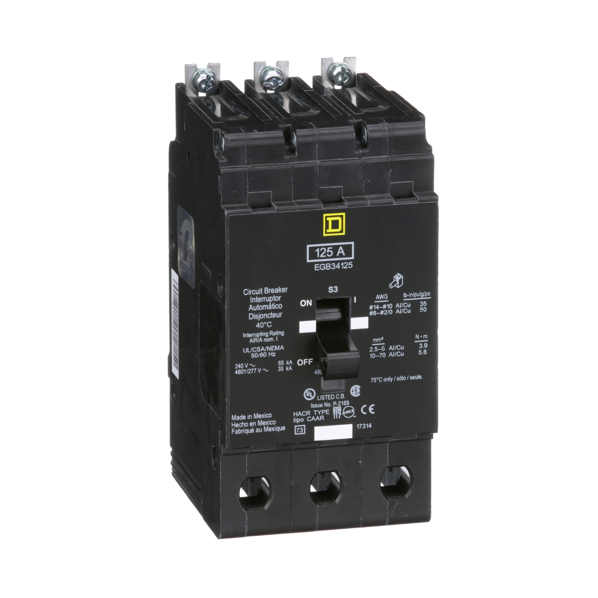EGB34125 Mini circuit breaker, E-Frame, 125A, 3 pole, 480Y/277VAC, 65kA max, bolt on