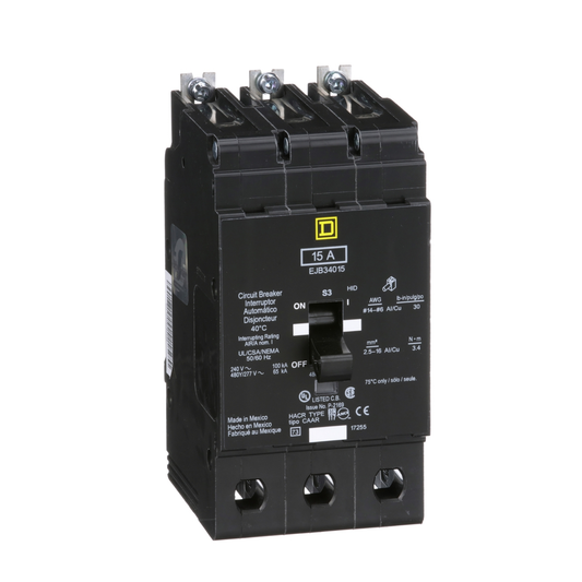 EJB34015 Mini circuit breaker, E-Frame, 15A, 3 pole, 480Y/277VAC, 100kA max, bolt on