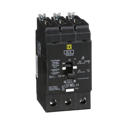 EJB34020 Mini circuit breaker, E-Frame, 20A, 3 pole, 480Y/277VAC, 100kA max, bolt on