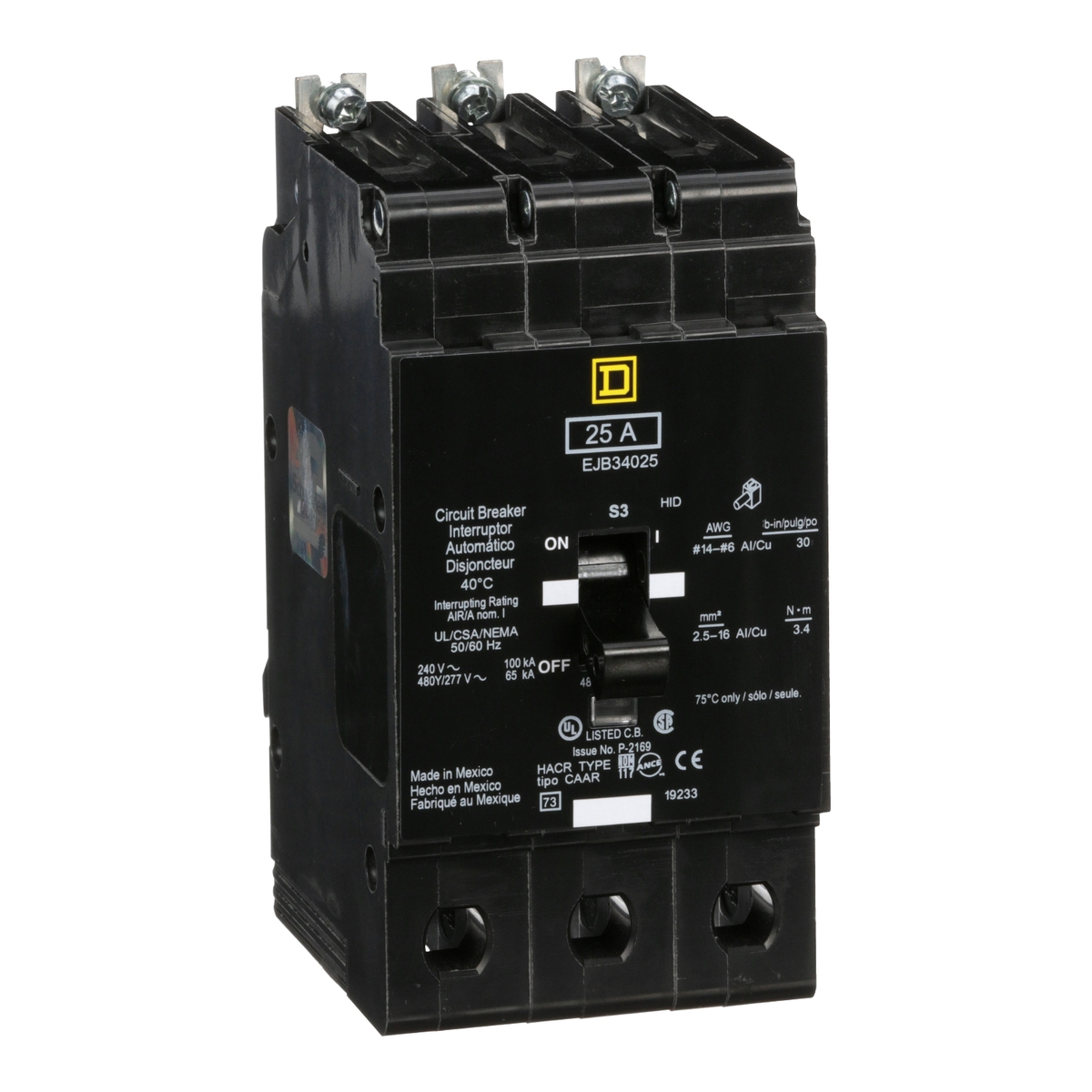 EJB34025 Mini circuit breaker, E-Frame, 25A, 3 pole, 480Y/277VAC, 100kA max, bolt on