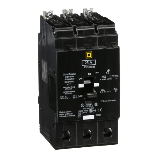 EJB34025 Mini circuit breaker, E-Frame, 25A, 3 pole, 480Y/277VAC, 100kA max, bolt on