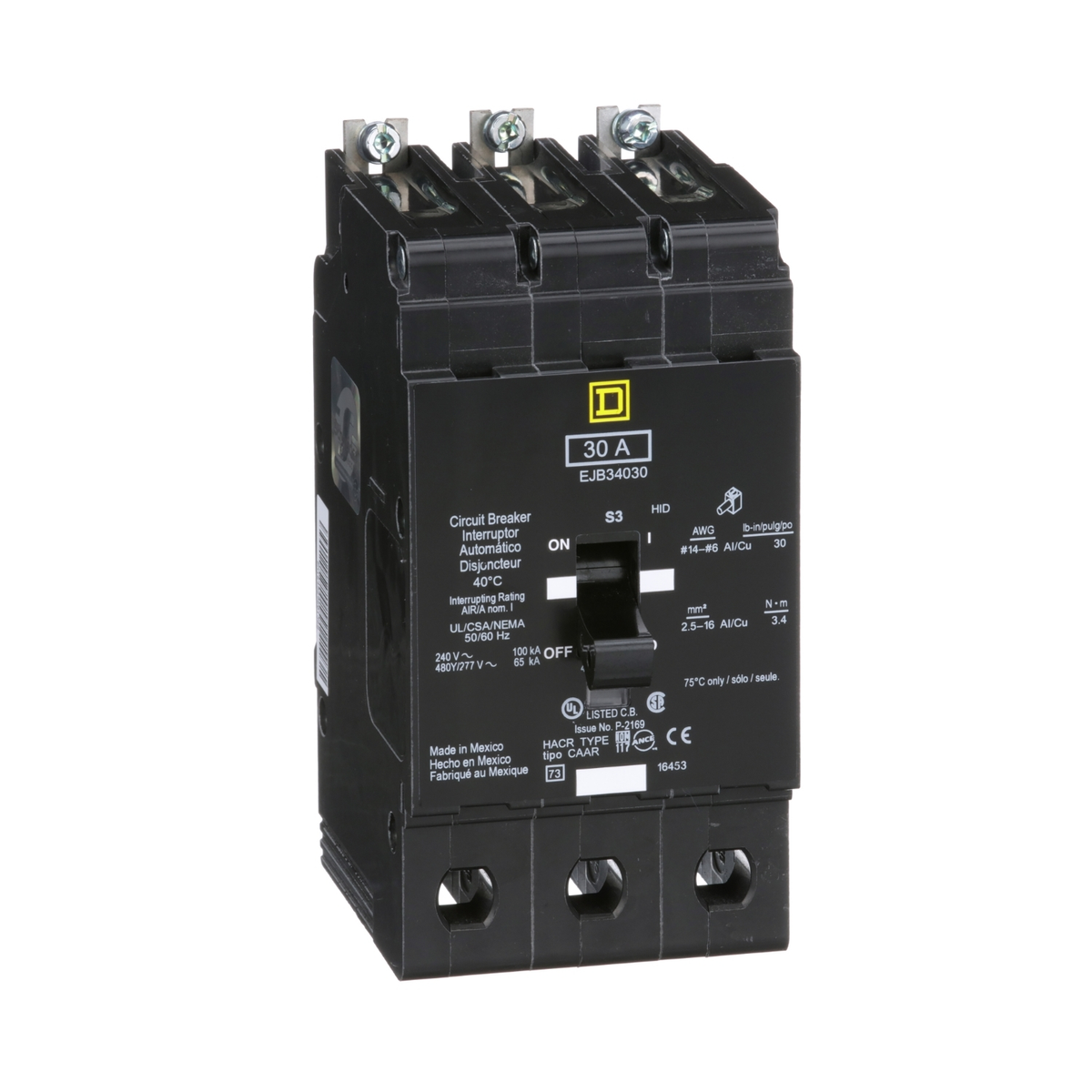 EJB34030 Mini circuit breaker, E-Frame, 30A, 3 pole, 480Y/277VAC, 100kA max, bolt on