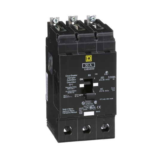 EJB34030 Mini circuit breaker, E-Frame, 30A, 3 pole, 480Y/277VAC, 100kA max, bolt on