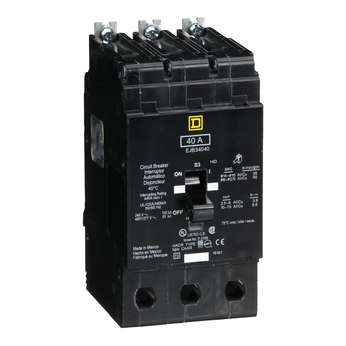 EJB34040 Mini circuit breaker, E-Frame, 40A, 3 pole, 480Y/277VAC, 100kA max, bolt on