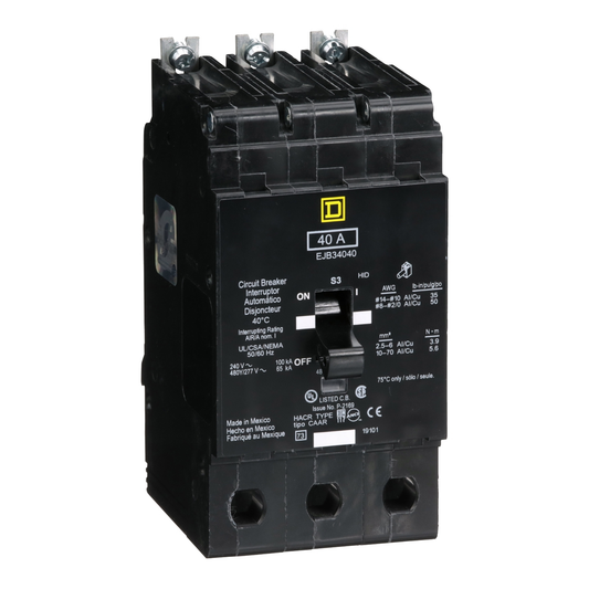 EJB34040 Mini circuit breaker, E-Frame, 40A, 3 pole, 480Y/277VAC, 100kA max, bolt on