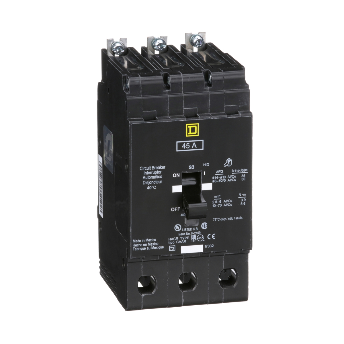 EJB34045 Mini circuit breaker, E-Frame, 45A, 3 pole, 480Y/277VAC, 100kA max, bolt on