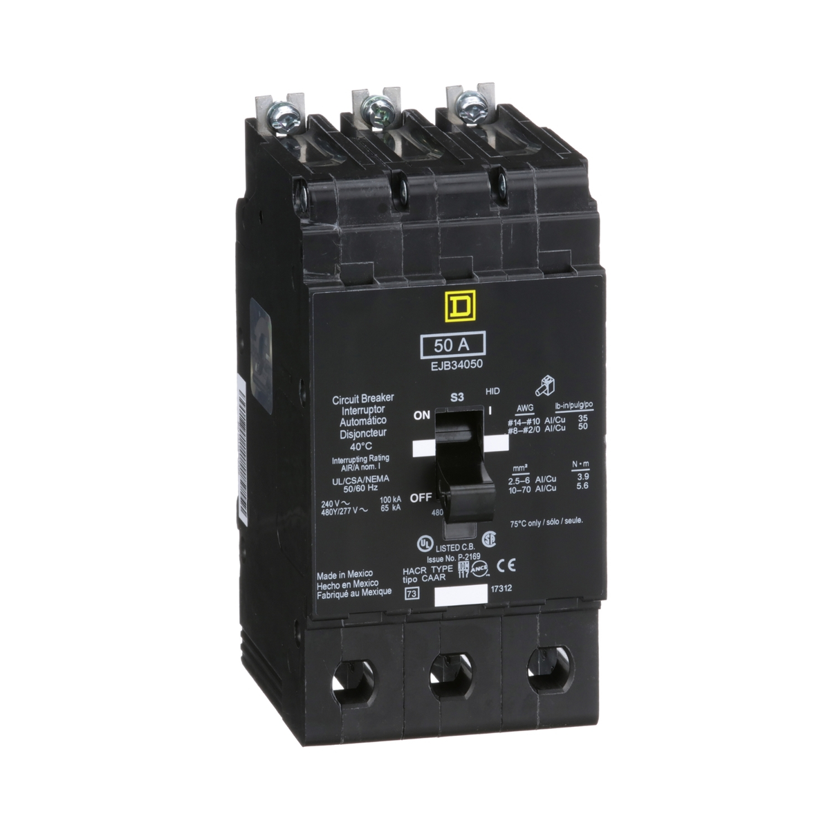 EJB34050 Mini circuit breaker, E-Frame, 50A, 3 pole, 480Y/277VAC, 100kA max, bolt on