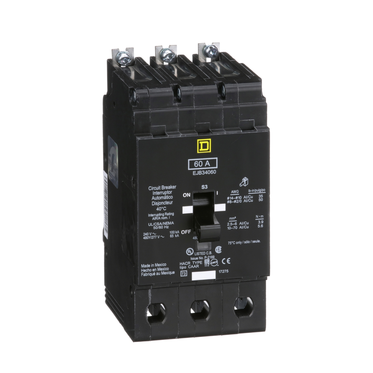 EJB34060 Mini circuit breaker, E-Frame, 60A, 3 pole, 480Y/277VAC, 100kA max, bolt on [TAA]