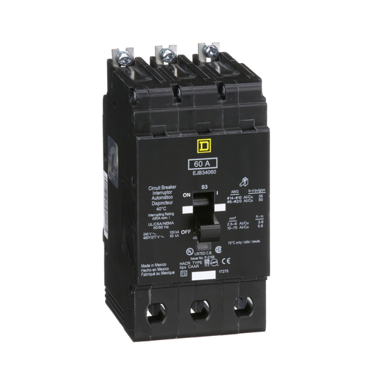 EJB34060 Mini circuit breaker, E-Frame, 60A, 3 pole, 480Y/277VAC, 100kA max, bolt on [TAA]
