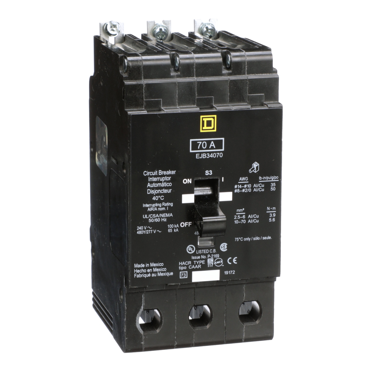 EJB34070 Mini circuit breaker, E-Frame, 70A, 3 pole, 480Y/277VAC, 100kA max, bolt on [TAA]