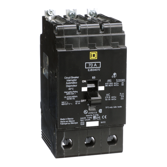 EJB34070 Mini circuit breaker, E-Frame, 70A, 3 pole, 480Y/277VAC, 100kA max, bolt on [TAA]