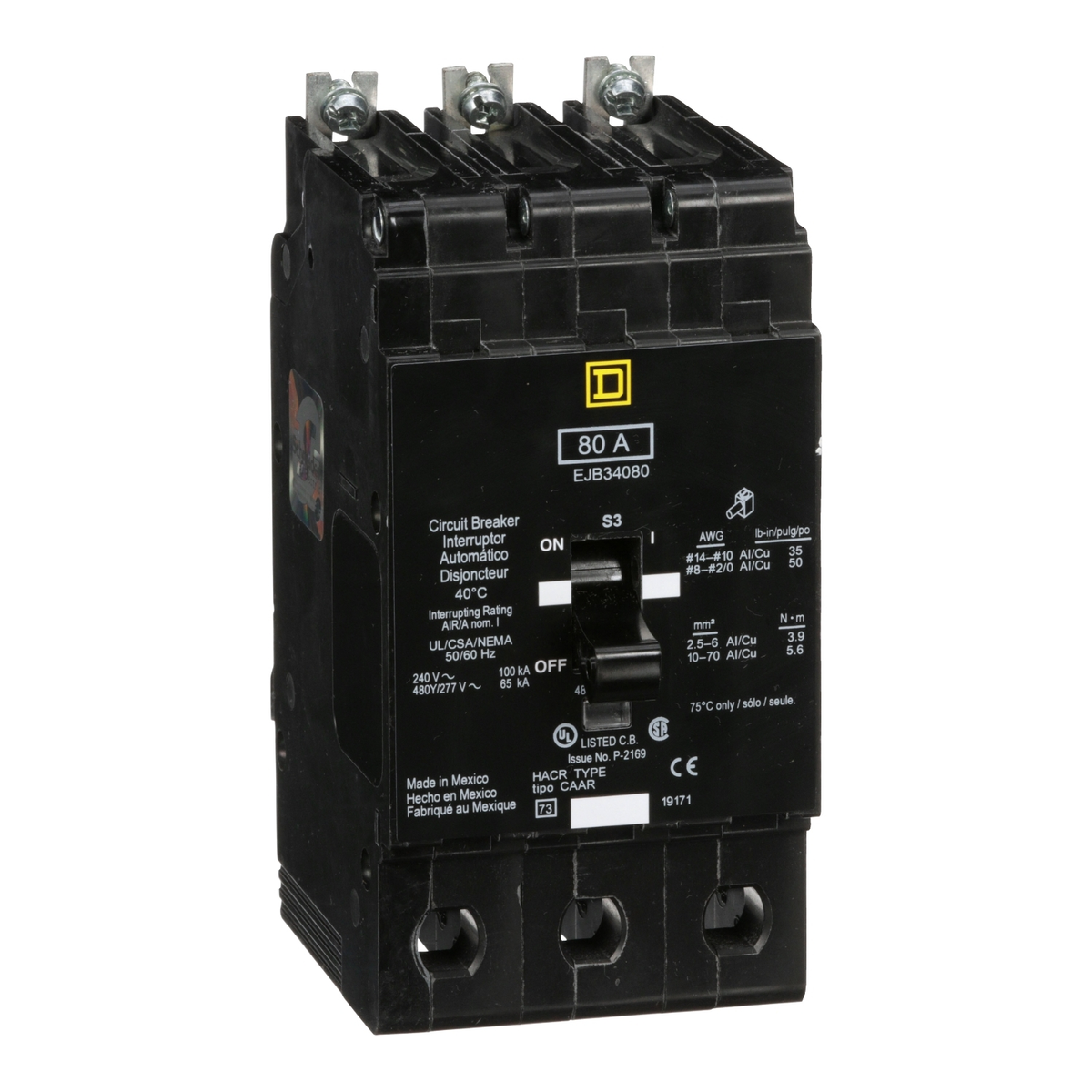 EJB34080 Mini circuit breaker, E-Frame, 80A, 3 pole, 480Y/277VAC, 100kA max, bolt on [TAA]