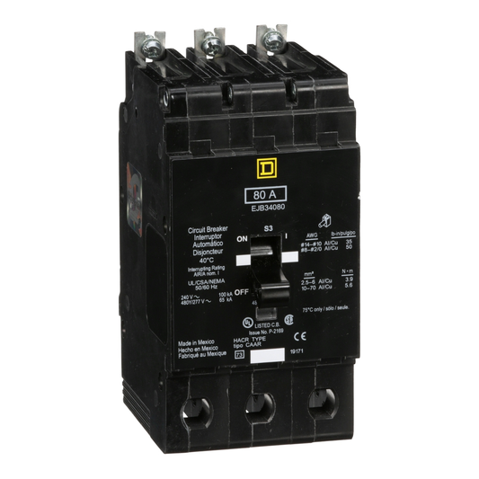 EJB34080 Mini circuit breaker, E-Frame, 80A, 3 pole, 480Y/277VAC, 100kA max, bolt on [TAA]